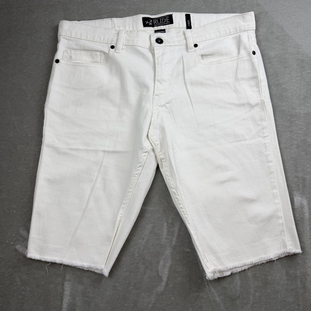 Rude Skinny Denim Shorts Men's 34 White Raw Hem Punk Streetwear Cut Off